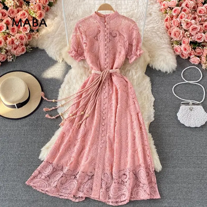 

Женское кружевное платье-трапеция, летнее розовое платье с воротником-стойкой и коротким рукавом, с завязкой на талии, Пляжное праздничное платье