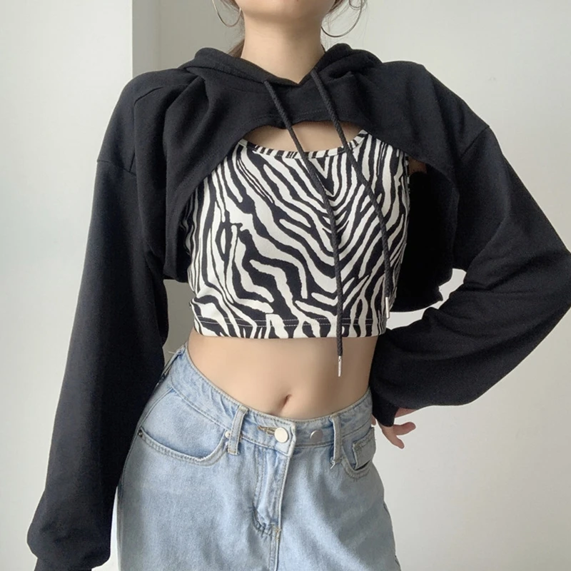 Women 2Pcs Long Sleeve Black Drawstring Cropped Hoodies Sweatshirt with Zebra Stripes Camis for Tank Top Harajuku Street MXMA
Women 2Pcs Long Sleeve Black Drawstring Cropped Hoodies Sweatshirt with Zebra Stripes Camis for Tank Top Harajuku Street MXMA
