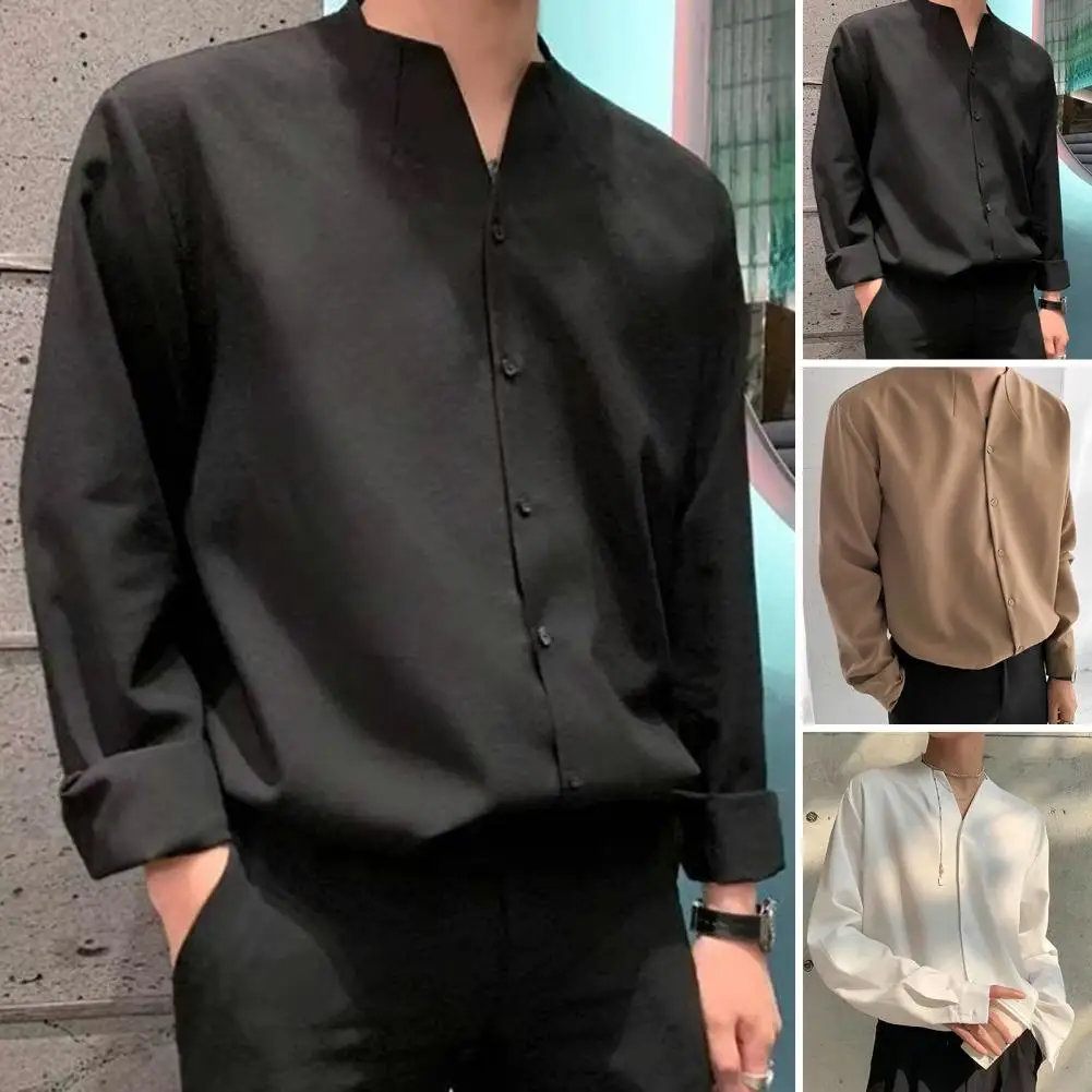 Men Shirt Collarless V-neck Long Sleeve Single-breasted Loose Fit Solid Color Casual Shirt Top
Men Shirt Collarless V-neck Long Sleeve Single-breasted Loose Fit Solid Color Casual Shirt Top