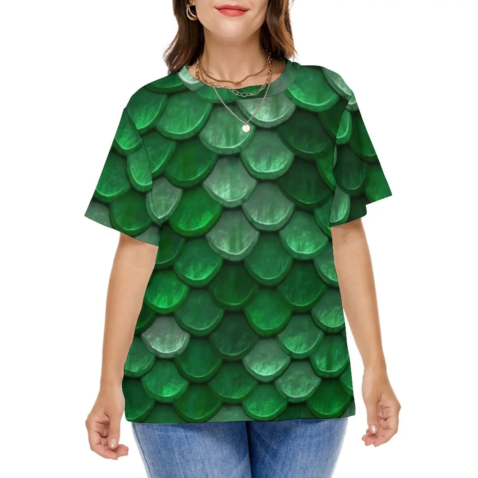 Colorful Metallic T Shirts Green Scales Print Simple T-Shirt Short-Sleeve Woman Kawaii Tee Shirt Summer Top Tees Plus Size 6XL
Colorful Metallic T Shirts Green Scales Print Simple T-Shirt Short-Sleeve Woman Kawaii Tee Shirt Summer Top Tees Plus Size 6XL