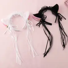 Women Girls Gothic Lolita Maid Ruffles Lace Headband Plush Cat Ears Ribbon Bell Lolita Cosplay Hair Hoop