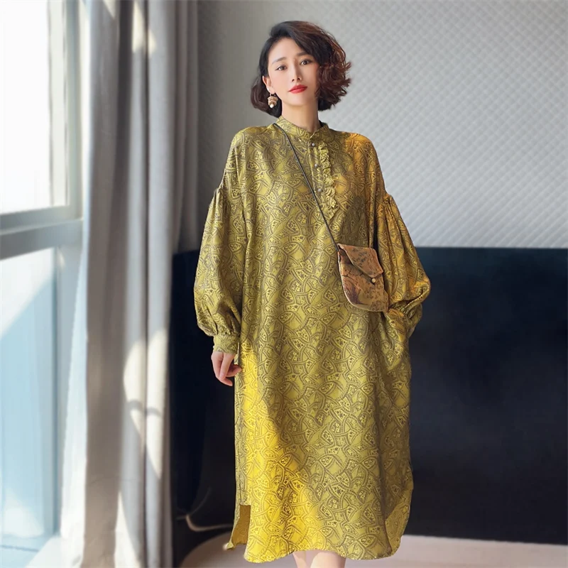 Chinese Style High End Elegant Jacquard Silk Spring And Summer Retro Stand Collar Lantern Sleeve Loose Lady Irregular Dress S-L
Chinese Style High End Elegant Jacquard Silk Spring And Summer Retro Stand Collar Lantern Sleeve Loose Lady Irregular Dress S-L