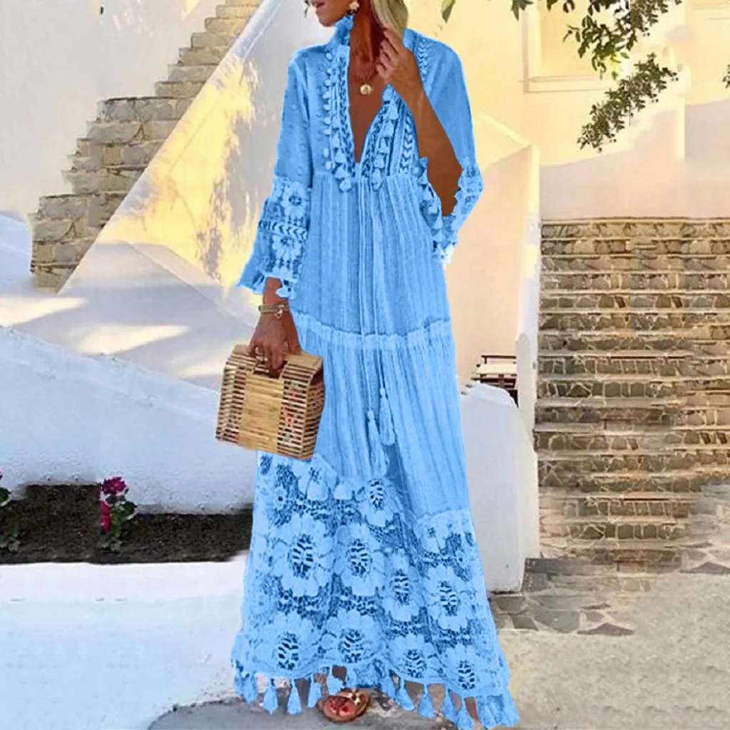 Sky Blue Beach Long Dress Summer Fashion Casual Bohemian Dress V-Neck Solid Color Lace Femme Robe Tassel Long Ladies Dresses
Sky Blue Beach Long Dress Summer Fashion Casual Bohemian Dress V-Neck Solid Color Lace Femme Robe Tassel Long Ladies Dresses
