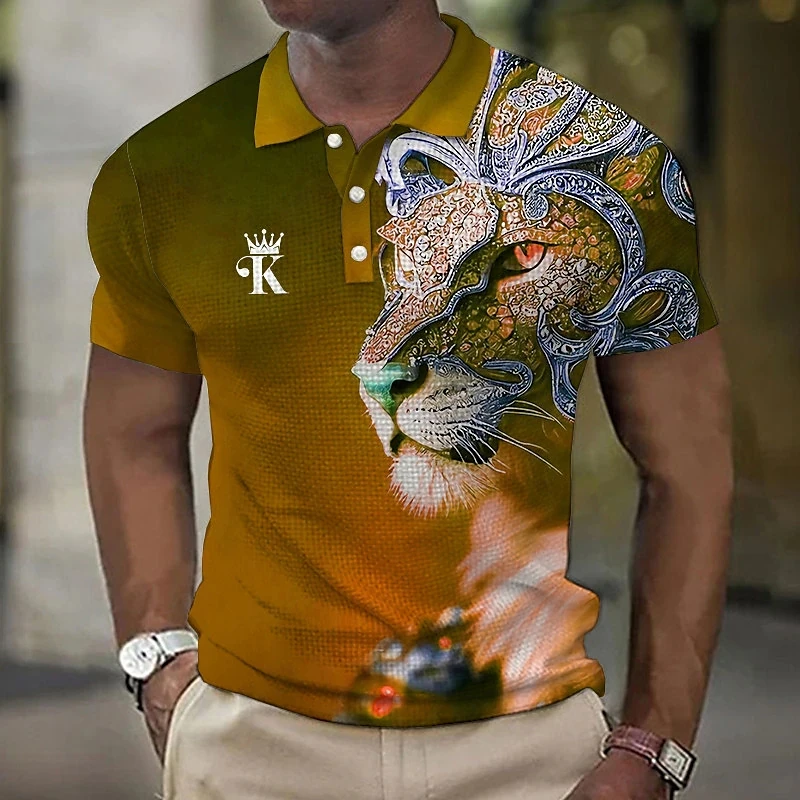 

Men's Waffle Polo Shirt Button Up Lapel Short Sleeve Polo Shirt Golf Shirt Animal Lion Graphic Prints Turndown Outdoor Street