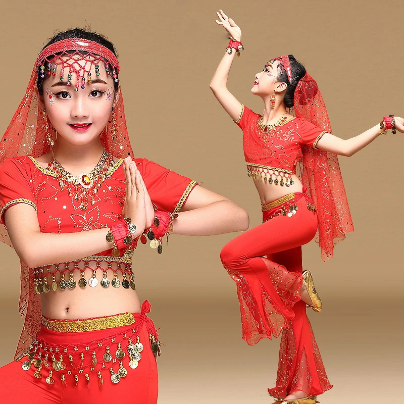 Bollywood Clothing Sari Dancewear Children Indian Outfits Belly Dance Costume Set 5pcs (Top, Belt, Pants, Veil, Hair hoop)
Bollywood Clothing Sari Dancewear Children Indian Outfits Belly Dance Costume Set 5pcs (Top, Belt, Pants, Veil, Hair hoop)