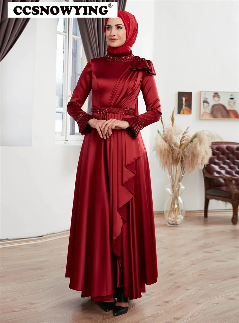 

Burgundy Long Sleeve Muslim Evening Dress Arabic Dubai Satin Beaded High Neck Hijab Prom Formal Party Gown Moroccan Caftan