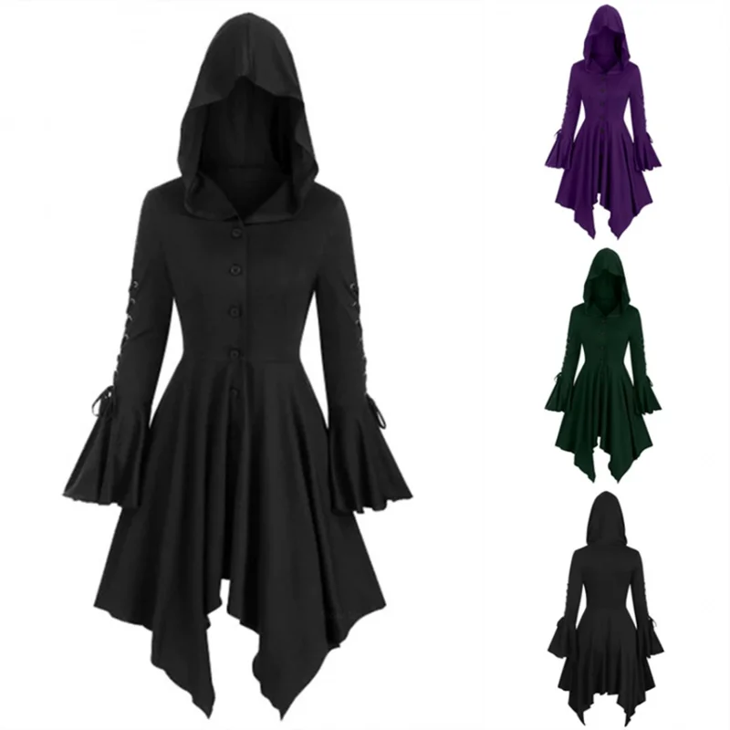 

Женский костюм для косплея средневековой тематики, готический костюм на Хэллоуин, платье ведьмы среднего возраста, черная накидка эпохи Возрождения, одежда, платье с капюшоном