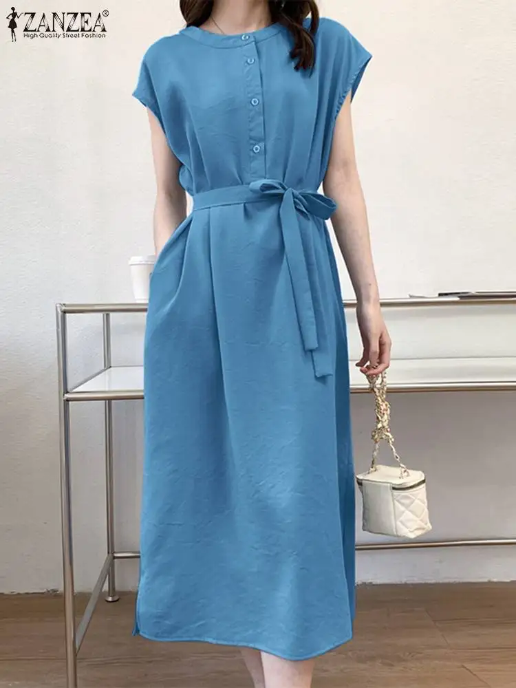 

Платье ZANZEA женское однотонное с коротким рукавом и круглым вырезом, модное свободное праздничное платье до середины икры, голубое, лето 2022