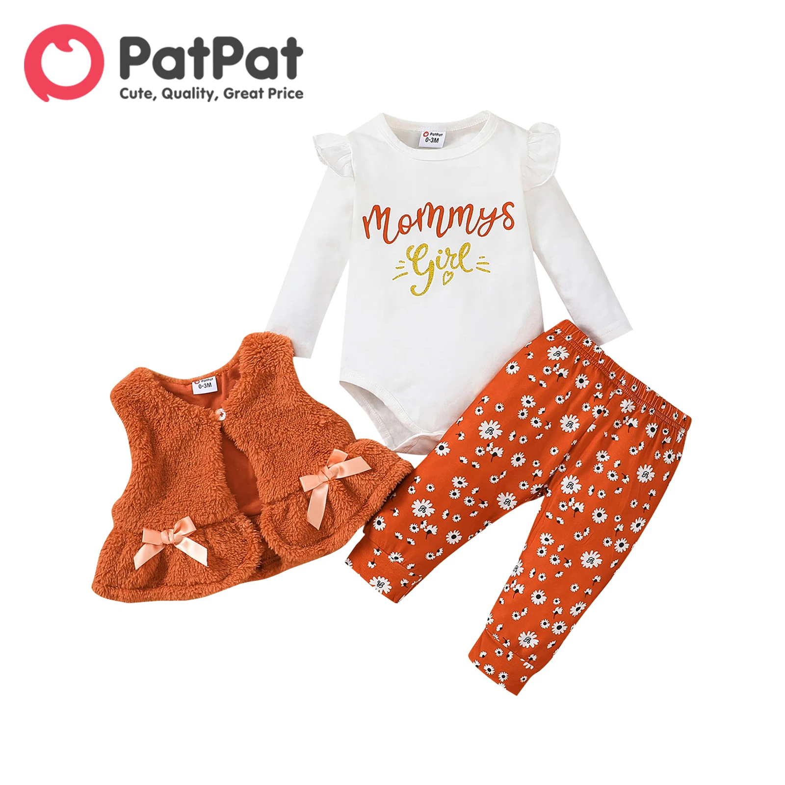 

PatPat 3pcs Baby Girl 95% Cotton Long-sleeve Letter Romper and Allover Floral Print Pants with Bow Front Fuzzy Vest Set