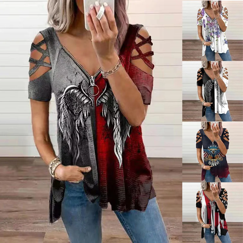 2023 Summer Clothes Women's Printed Top Cross Short Sleeve Zipper V-Neck Women's T-Shirt
2023 Summer Clothes Women's Printed Top Cross Short Sleeve Zipper V-Neck Women's T-Shirt