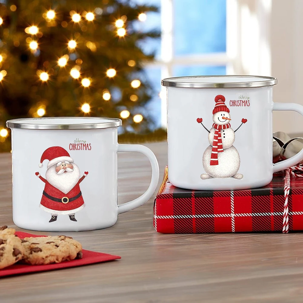 

Enamel Milk Juice Beer Cup Merry Christmas Mug Party Event Drink Mugs Xmas Eve Santa Snowman Deer Penguin Print Coffee Cups