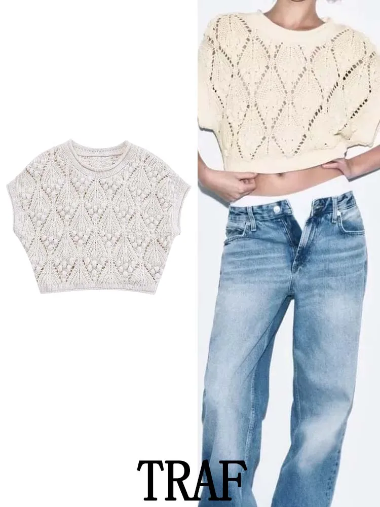 TRAF 2023 Women Texture Hollow Out Short Knit Sweater Fashion Sleeveless Vintage O-Neck Spring Autumn Causal Pullover Loose Tops
TRAF 2023 Women Texture Hollow Out Short Knit Sweater Fashion Sleeveless Vintage O-Neck Spring Autumn Causal Pullover Loose Tops