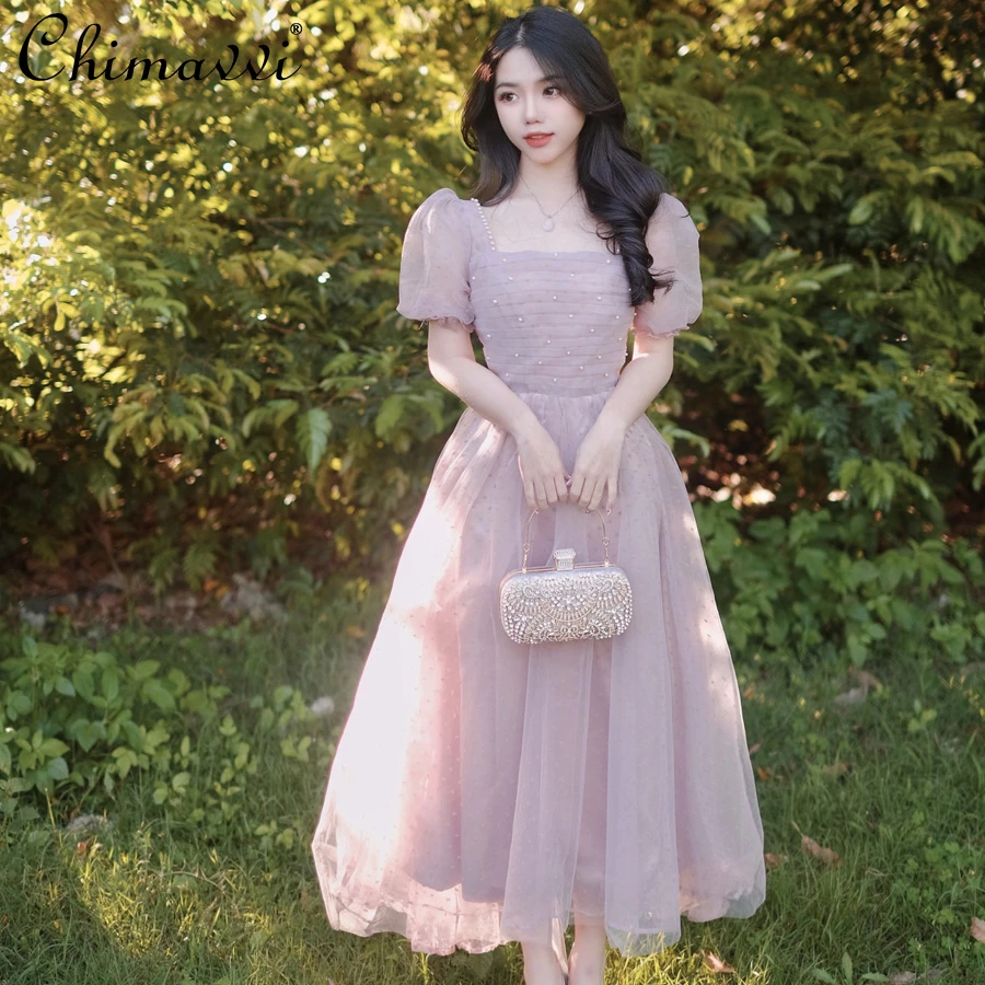 2022 Summer New Sweet Square Collar Puff Sleeve Pink Dress Women's Fashion Pleated Pearl Mesh Ball Gown Dress for Female
2022 Summer New Sweet Square Collar Puff Sleeve Pink Dress Women's Fashion Pleated Pearl Mesh Ball Gown Dress for Female