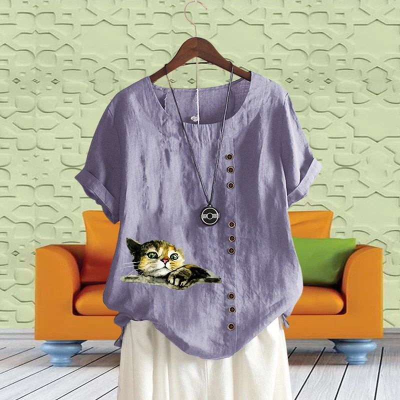 2022 Summer Women Cotton Linen Round Neck Blouse Cartoon Cat Printed Loose T-shirt Vintage Solid Color Short Sleeve Tops XS-5XL
2022 Summer Women Cotton Linen Round Neck Blouse Cartoon Cat Printed Loose T-shirt Vintage Solid Color Short Sleeve Tops XS-5XL