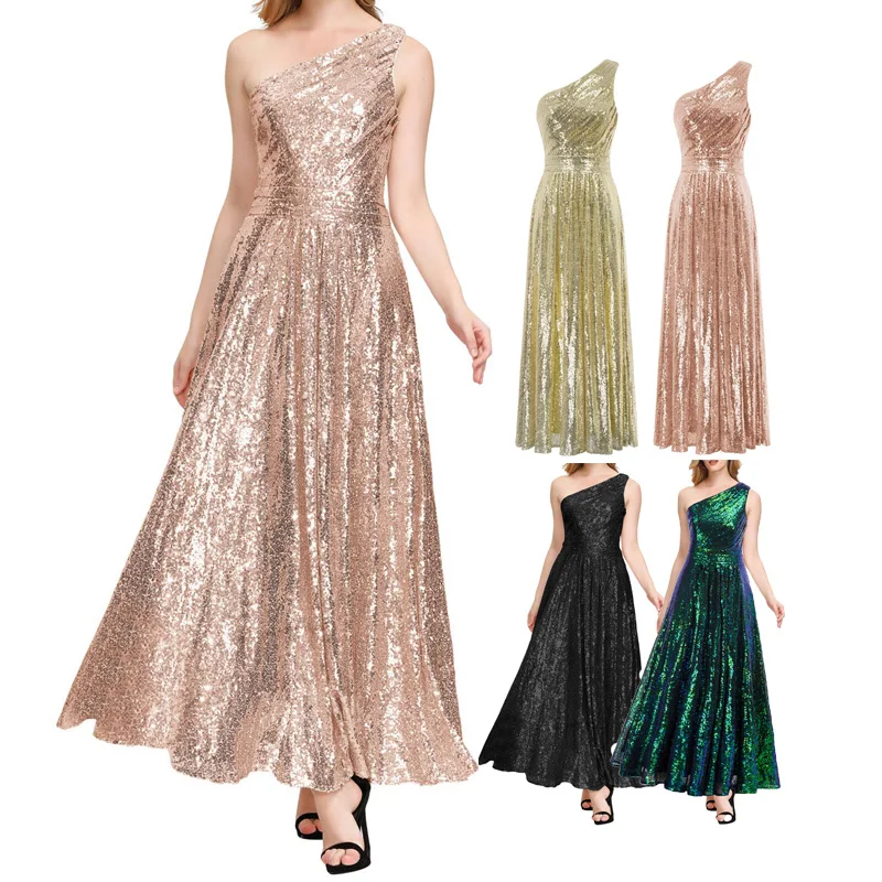 Женское элегантное платье с одним плечом, ТРАПЕЦИЕВИДНОЕ ПЛАТЬЕ до пола с блестками, свадебное платье 
Женское элегантное платье с одним плечом, ТРАПЕЦИЕВИДНОЕ ПЛАТЬЕ до пола с блестками, свадебное платье