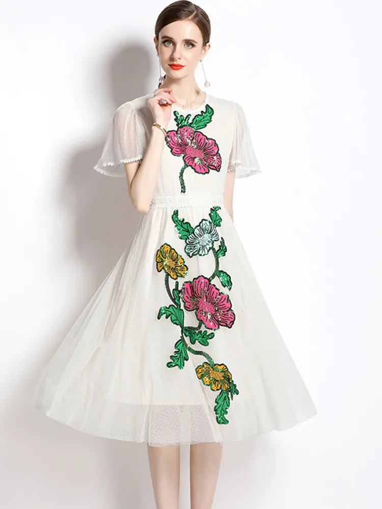 

Женское Сетчатое платье SMTHMA, летнее платье с круглым вырезом и оборками, с короткими рукавами с блестками платье принцессы с цветочной вышивкой