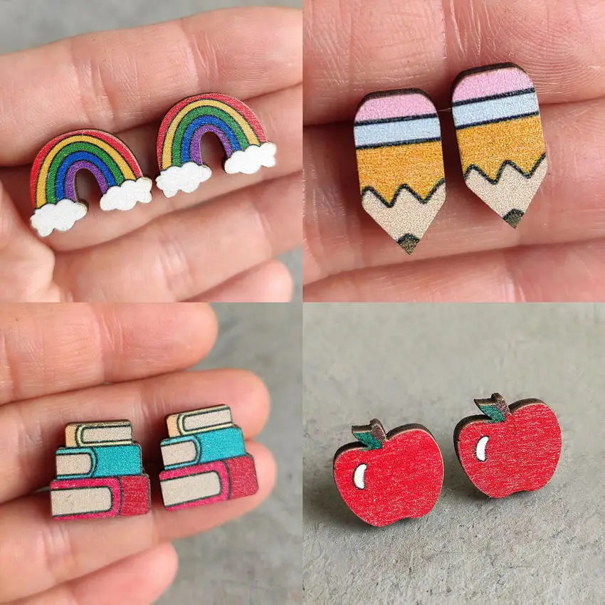 Cute Wooden Book Teacher Pencil Stud Earrings for Women Fashion Student Earrings Teacher's Gift Wood Apple Earrings Wholesale
Cute Wooden Book Teacher Pencil Stud Earrings for Women Fashion Student Earrings Teacher's Gift Wood Apple Earrings Wholesale