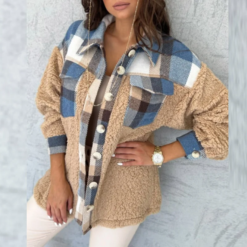 Elegant Plaid Patchwork Lambswool Jacket Women Casual Long Sleeve Loose Shirts Coat 2022 Fashion Lapel Single breasted Outerwear
Elegant Plaid Patchwork Lambswool Jacket Women Casual Long Sleeve Loose Shirts Coat 2022 Fashion Lapel Single breasted Outerwear