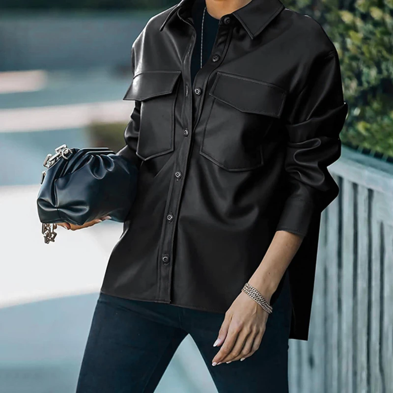 Pu Leather Jacket Women Pocket Single-Breasted Long-Sleeved Blazer Streetwear Casual Solid Color Mature Lady Jackets
Pu Leather Jacket Women Pocket Single-Breasted Long-Sleeved Blazer Streetwear Casual Solid Color Mature Lady Jackets