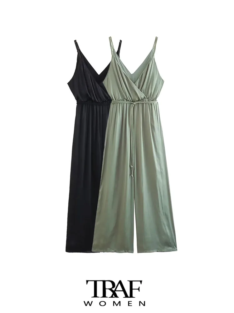 TRAF Women Fashion With Belt Pleated Satin Jumpsuits Sexy Backless Elastic Waist Thin Straps Female Playsuits Mujer
TRAF Women Fashion With Belt Pleated Satin Jumpsuits Sexy Backless Elastic Waist Thin Straps Female Playsuits Mujer