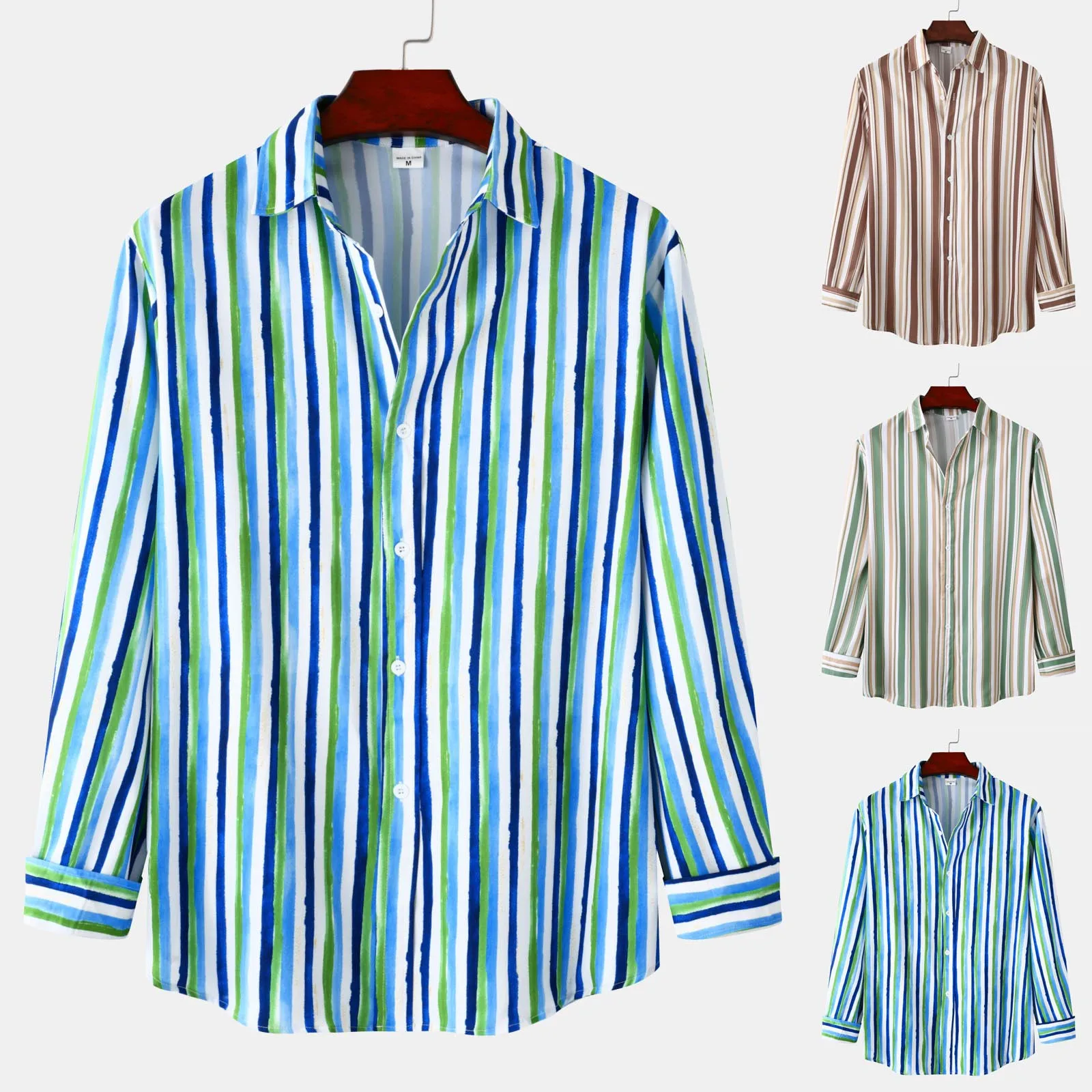 Мужская рубашка в полоску, с длинным рукавом и отложным воротником
Мужская рубашка в полоску, с длинным рукавом и отложным воротником