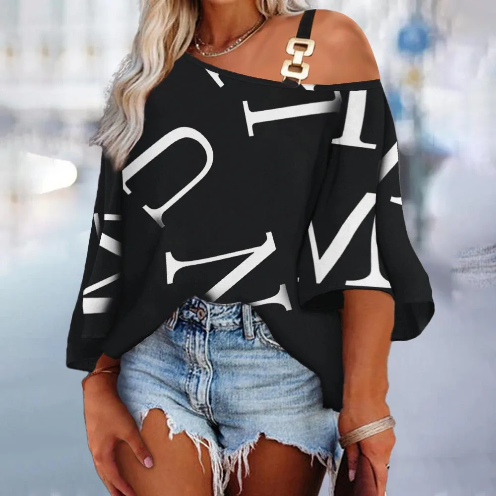 Women's Printed T-shirt 2023 New Fashion Off Shoulder Splice Loose Casual Top Magliette Donna Summer chemisier femme
Women's Printed T-shirt 2023 New Fashion Off Shoulder Splice Loose Casual Top Magliette Donna Summer chemisier femme