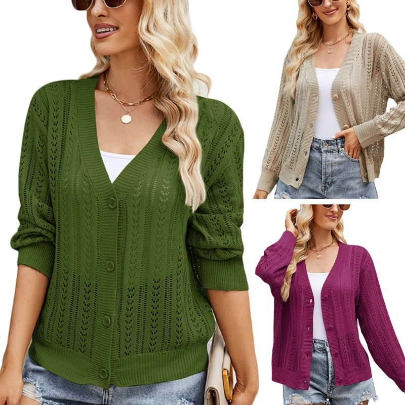 

Womens Long Sleeve Cropped Cardigan Sweaters Hollow Out Knit Boleros Shrugs V Neck Button Down Knitwear Cardigans Tops P8DB