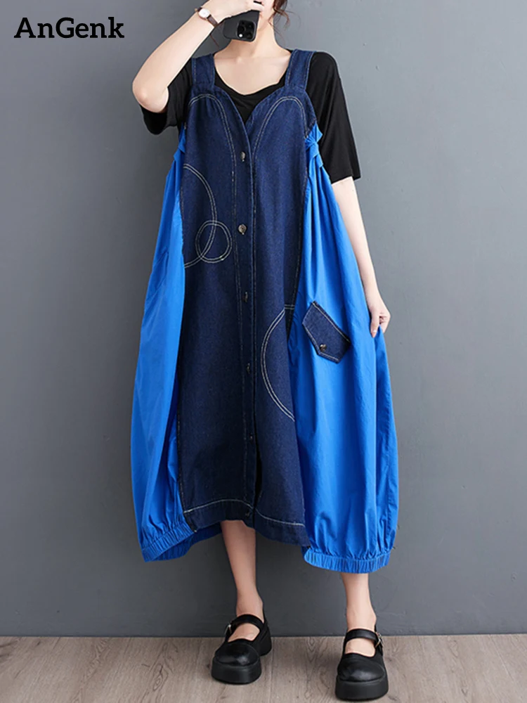 Denim Patchwork Vintage Straps Dresses For Women Korean Fashion Sleeveless Loose Casual Long Dress Elegant Clothes Summer 2023
Denim Patchwork Vintage Straps Dresses For Women Korean Fashion Sleeveless Loose Casual Long Dress Elegant Clothes Summer 2023
