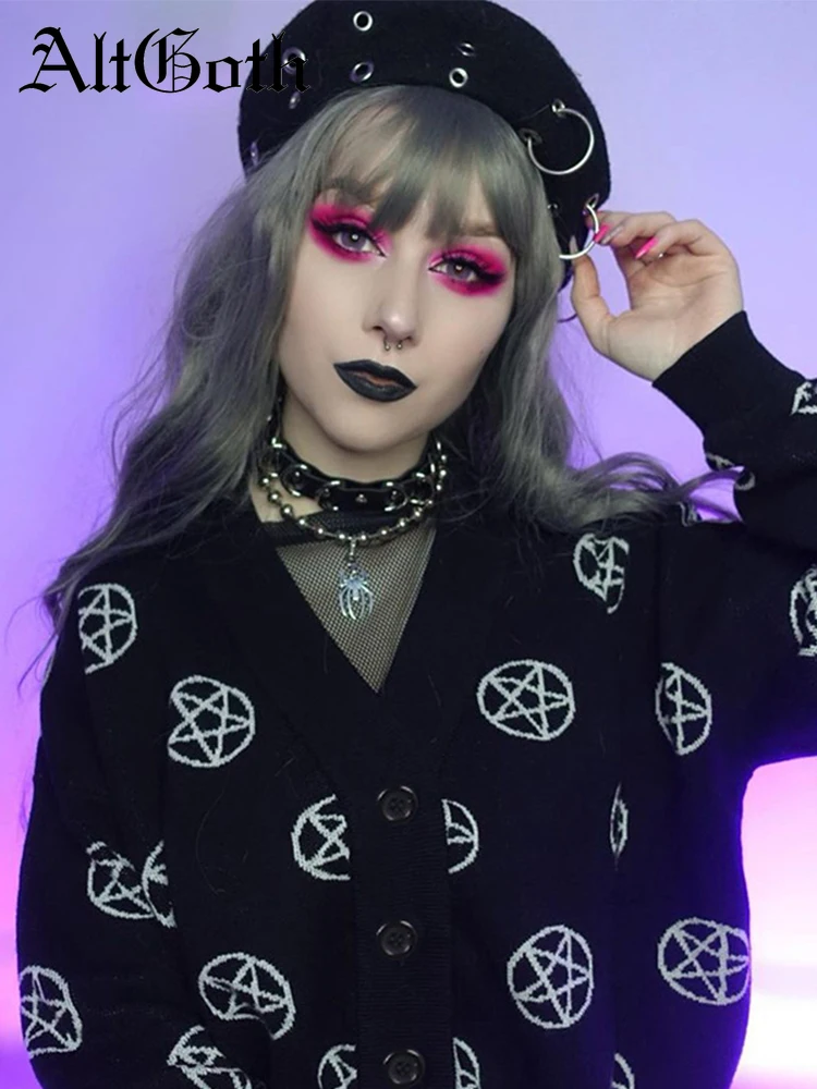 AltGirl Autumn Dark Gothic Sweater Women Harajuku Streetwear Vintage Punk Grunge Emo Alt Pentagram Pattern Long Sleeve Cardigan
AltGirl Autumn Dark Gothic Sweater Women Harajuku Streetwear Vintage Punk Grunge Emo Alt Pentagram Pattern Long Sleeve Cardigan