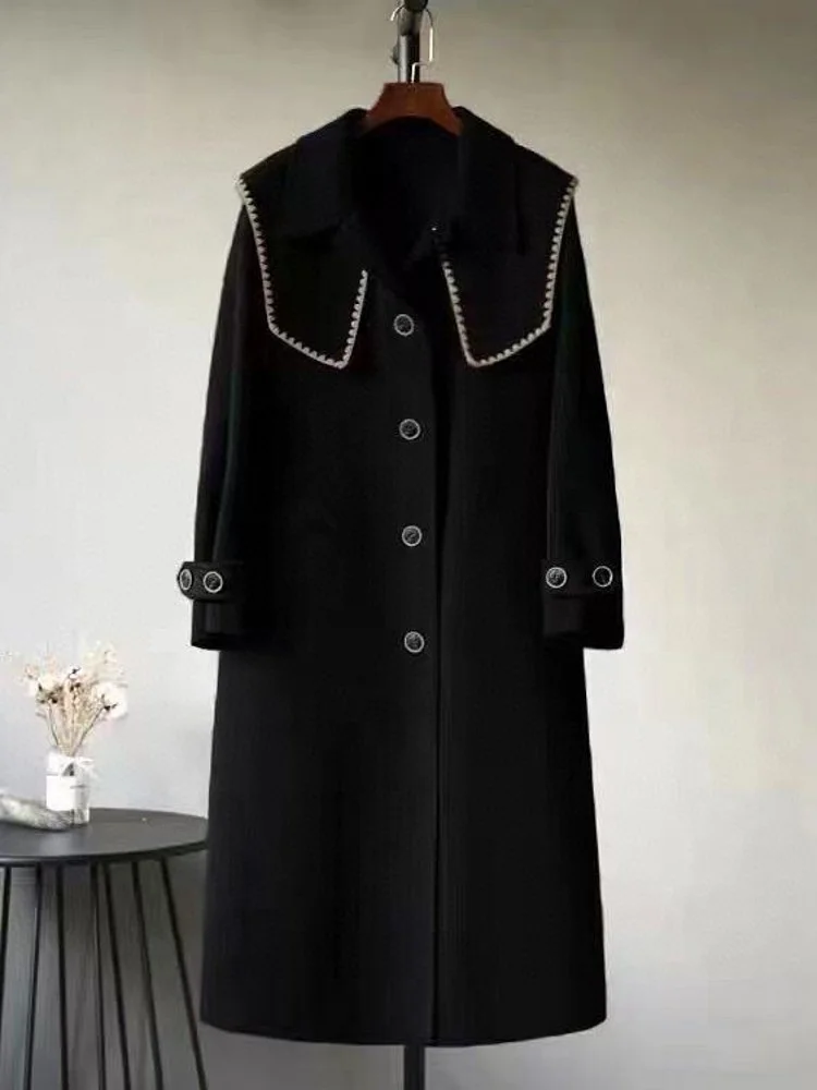 

Autumn Women Double Faced Woolen Blends Coat Vintage Black Lapel Collar Single Breasted Belted Long Wool Jacket Lady Windbreaker