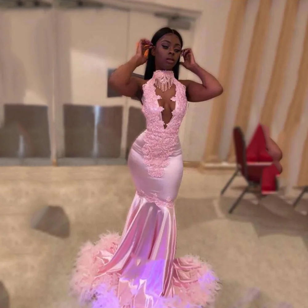 Pink Halter Feather Mermaid Prom Dress Backless Lace Appliques Beads Trumpet Party Evening Gown Custom Made 2022
Pink Halter Feather Mermaid Prom Dress Backless Lace Appliques Beads Trumpet Party Evening Gown Custom Made 2022