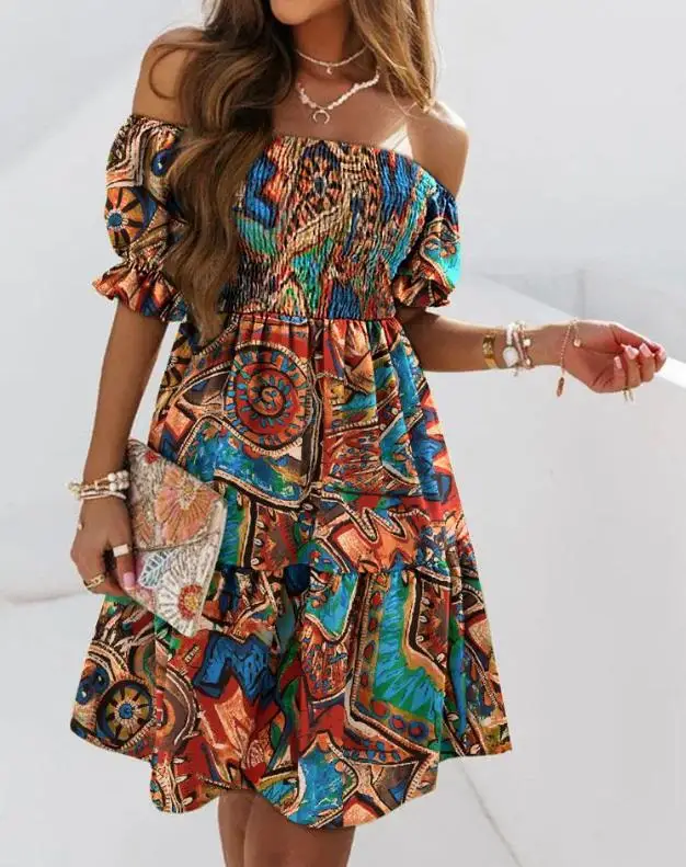 

Dresses for Women 2023 Summer Fashion Casual Vacation Tribal Print Off Shoulder Short Sleeve Shirred Swing A Line Mini Dress