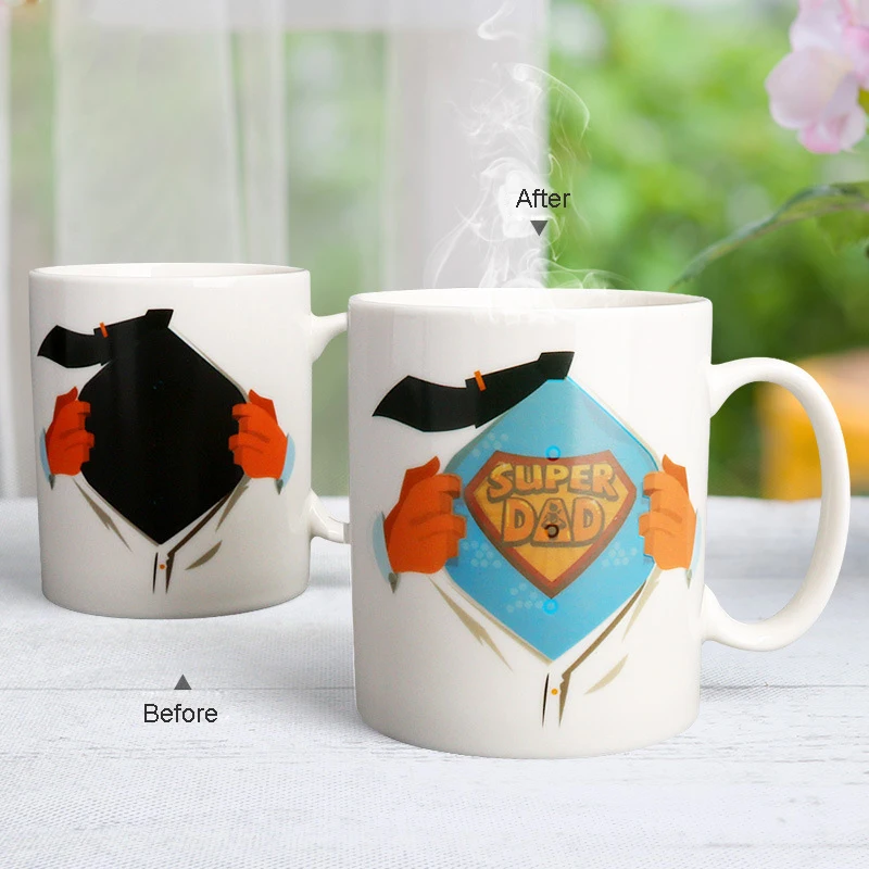 

Кофейные кружки 350 мл, меняющие цвет, керамические кофейные чашки, бесплатная доставка, кружка Super Dad Design для чайной чашки, персонализированные подарки, посуда для напитков