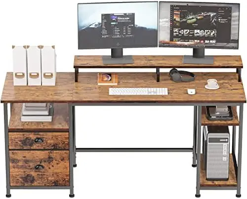

Стол с полками и ящиками, длинный 61-дюймовый стол с тканевым ящиком для файлов, промышленный письменный стол с большой подставкой для монитора, для учебы