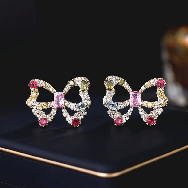 

Light Luxury Colorful CZ 925 Sterling Silver Earring Shine Dazzling Bowknot Crystal Stud Earrings for Women 2023 Fashion Jewelry