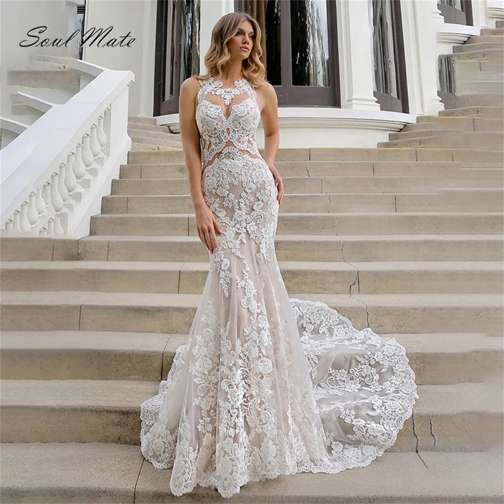 Elegant Sexy Lace Mermaid Wedding Dress For Women O Neck Illusion Back Bridal Gown Appliques White Bridal Dress Robe De Mariée
Elegant Sexy Lace Mermaid Wedding Dress For Women O Neck Illusion Back Bridal Gown Appliques White Bridal Dress Robe De Mariée