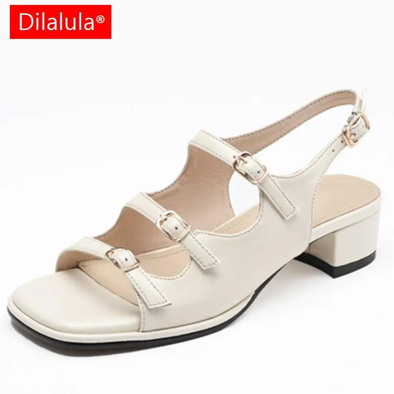 

Dilalula Rome Style Women Genuine Leather Thick High Heeled Sandals Buckles Soft Leather Summer Shoes Woman Casual Sandals Shoes