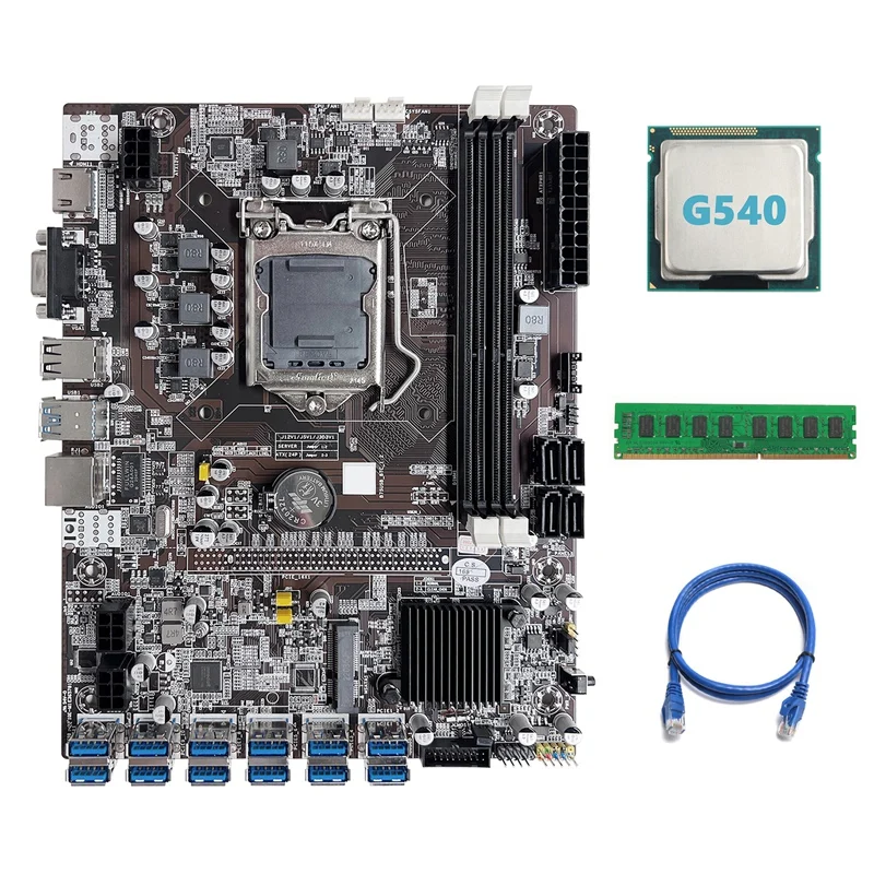 Материнская плата B75 ETH для майнинга, материнская плата 12 PCIE на USB LGA1155 с процессором G540 + DDR3 4 Гб 1600 МГц ОЗУ + сетевой кабель RJ45
Материнская плата B75 ETH для майнинга, материнская плата 12 PCIE на USB LGA1155 с процессором G540 + DDR3 4 Гб 1600 МГц ОЗУ + сетевой кабель RJ45