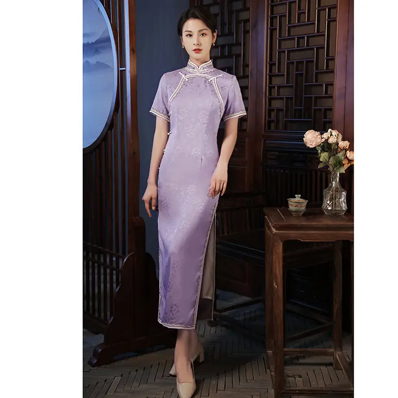 Elegant Satin Purple Jacquard Handmade Button Long Cheongsam For Women Improved Chinese Style Slim Short Sleeve Dresses Qipao
Elegant Satin Purple Jacquard Handmade Button Long Cheongsam For Women Improved Chinese Style Slim Short Sleeve Dresses Qipao