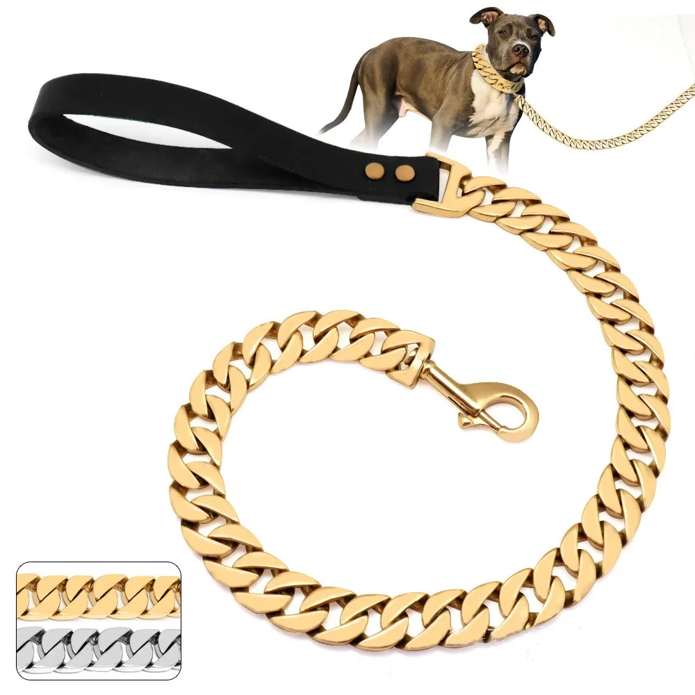 

Stainless Steel Dog Leash Pet Lead Traction Super Strong Gold Collar Chain 32mm 19mm Bulldog Pitbull Large Dog Collar Leash