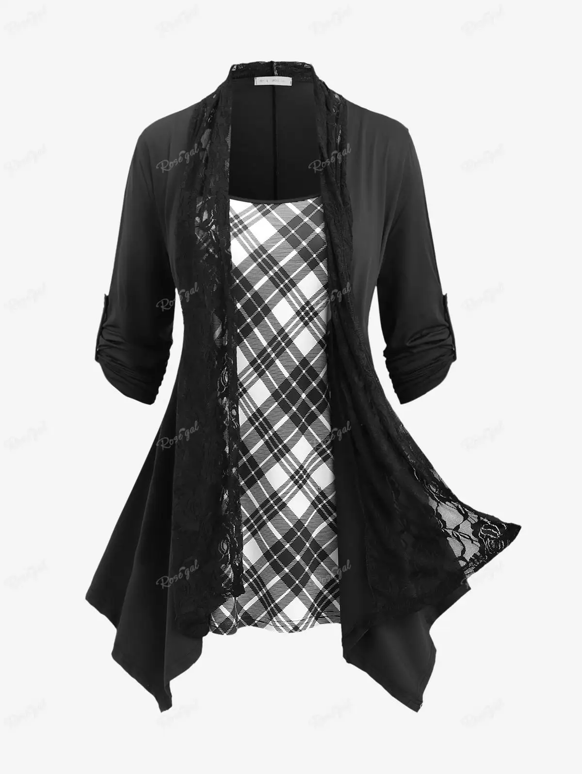 

ROSEGAL Plus Size Plaid Ruched Roll Up Sleeves T-shirt Women Fall,Spring Casual Asymmetric Tosp New Patchwork Tees