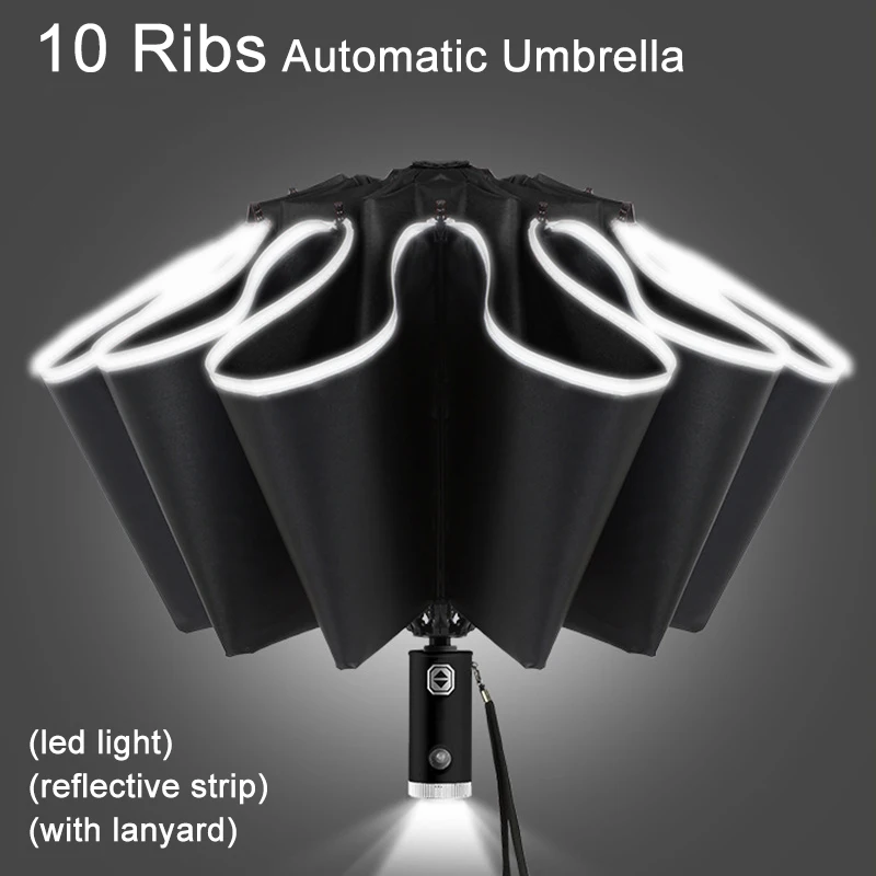 10 Ribs Fully Automatic UV Umbrella with LED Flashlight Reflective Stripe for Outdoor Travel Insulation Sun Parasol Umbrellas 
10 Ribs Fully Automatic UV Umbrella with LED Flashlight Reflective Stripe for Outdoor Travel Insulation Sun Parasol Umbrellas