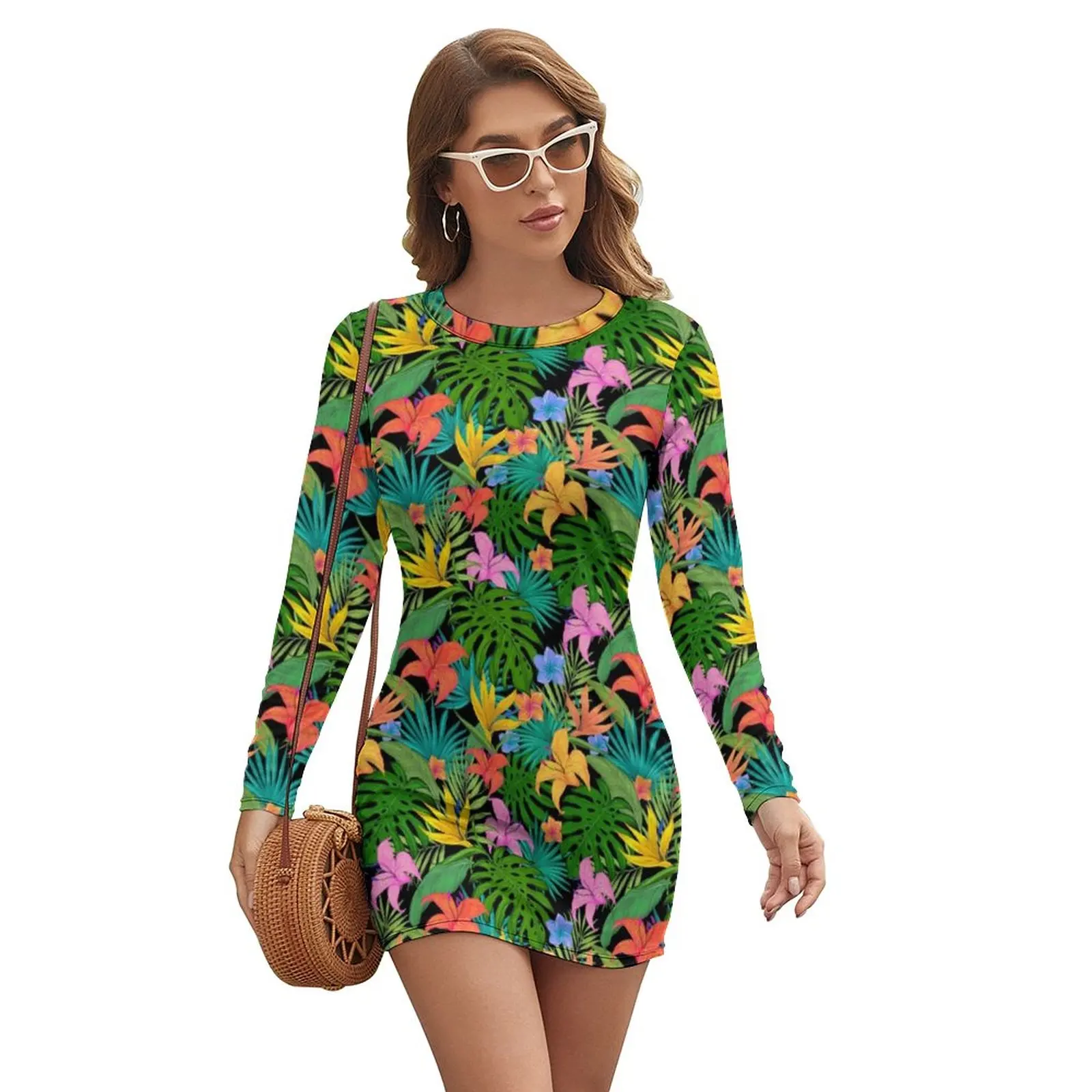 Colorful Bright Flowers Bodycon Dress Holiday Palm Leaves Print Trendy Dresses Female Long Sleeve Print Simple Dress Big Size
Colorful Bright Flowers Bodycon Dress Holiday Palm Leaves Print Trendy Dresses Female Long Sleeve Print Simple Dress Big Size