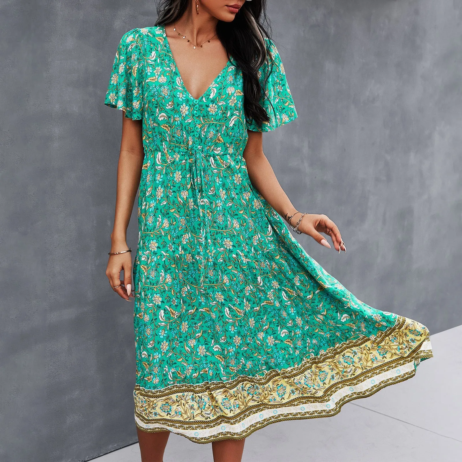 Women Temperamental Dress Retro V-Neck Tunic Large Swing Fashion Style Casual Beach Loose Floral Printed Women's Long Dress
Women Temperamental Dress Retro V-Neck Tunic Large Swing Fashion Style Casual Beach Loose Floral Printed Women's Long Dress