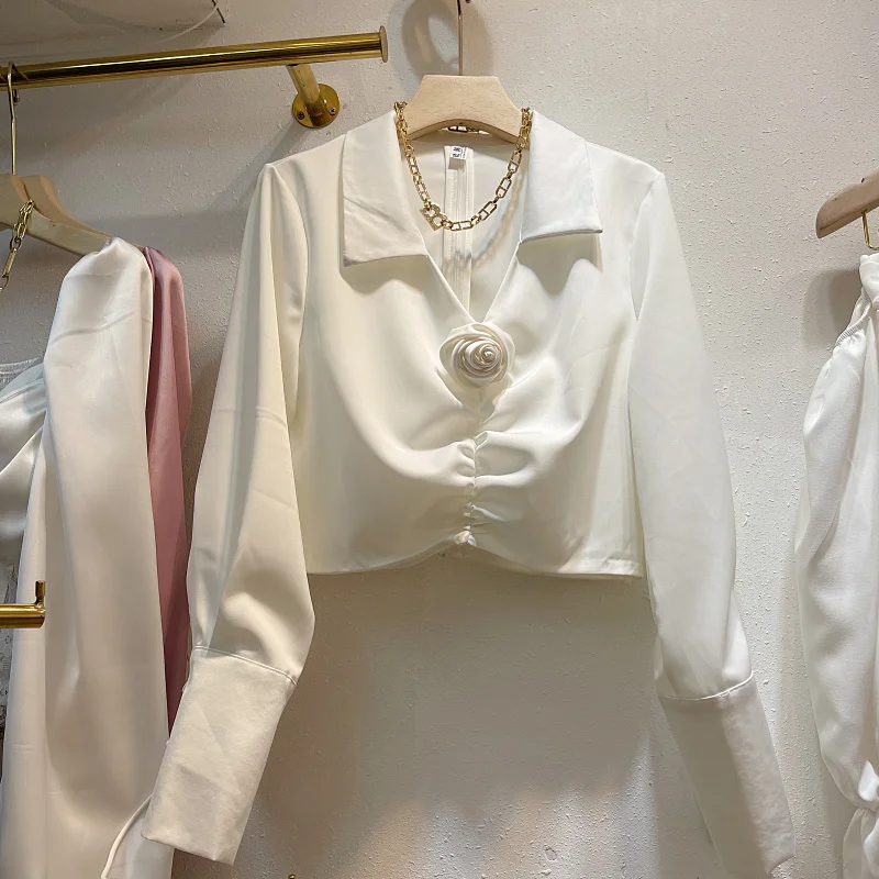 

WDMSNA Весенняя новая атласная блузка с цветами, женская рубашка с V-образным вырезом и коротким длинным рукавом, Женская французская однотонная пикантная облегающая блузка, кроп-топ