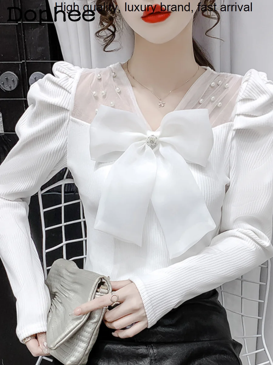 Stitching Elegant Mesh Bow Puff Sleeve Pullover Sweater Women White Slim Knitted T-shirt 2023 New Spring fall Inner Wear Jumper
Stitching Elegant Mesh Bow Puff Sleeve Pullover Sweater Women White Slim Knitted T-shirt 2023 New Spring fall Inner Wear Jumper