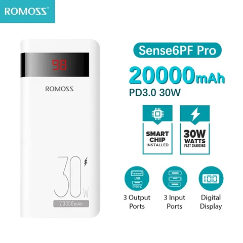 ROMOSS Sense6PS PRO PD 30 Вт Power Bank с быстрой зарядкой 20000 мАч Портативный внешний аккумулятор Powerbank для iPhone 15 14 Xiaomi HUAWEI