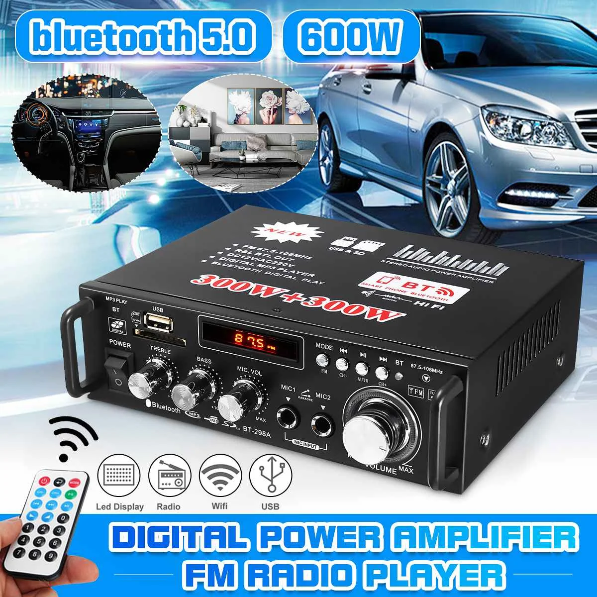 Universal 600W HIFI bluetooth Car Audio Power Amplifier FM Radio Player Support SD USB MP3 with Remote Controller for Home
Universal 600W HIFI bluetooth Car Audio Power Amplifier FM Radio Player Support SD USB MP3 with Remote Controller for Home