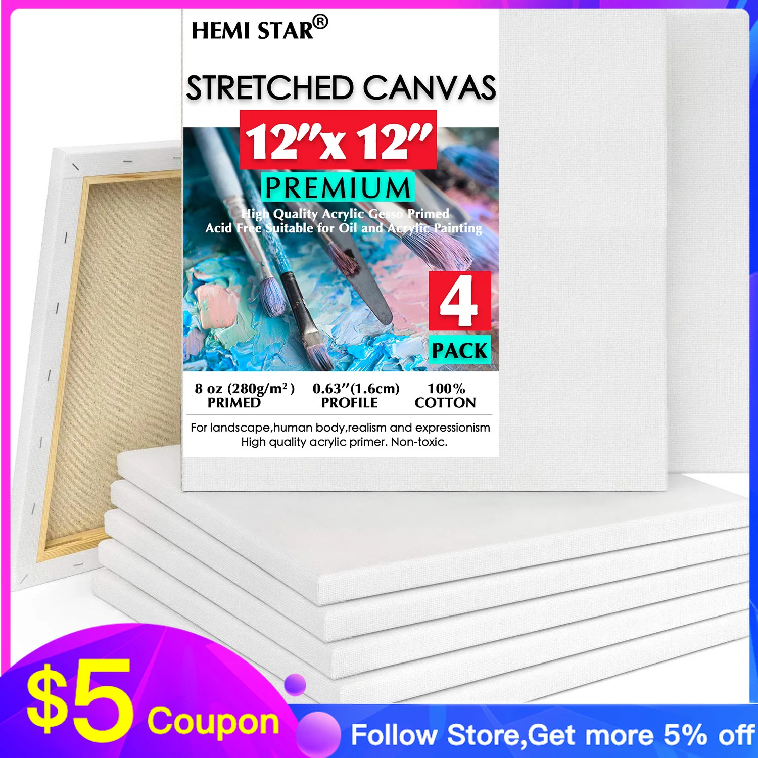 4 pcs Stretched Canvas for Painting 30x30cm,12x12 inch Primed 100% Cotton Blank Canvas Boards for Painting 8 oz Gesso-Primed
4 pcs Stretched Canvas for Painting 30x30cm,12x12 inch Primed 100% Cotton Blank Canvas Boards for Painting 8 oz Gesso-Primed