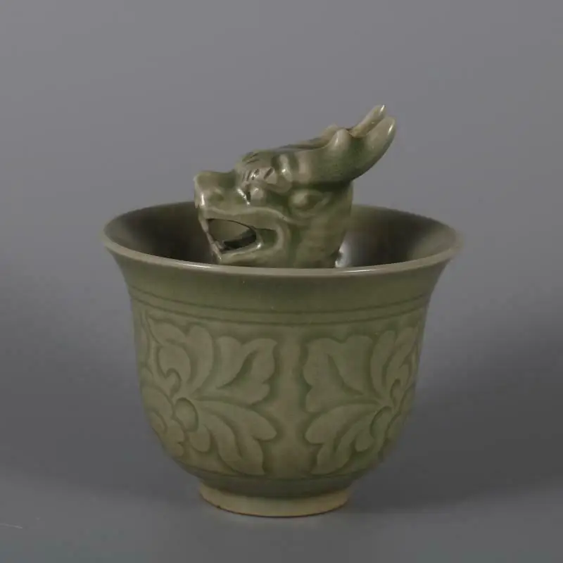 

Chinese Song Celadon Porcelain Carved Flowers Dragon Shape Teacup Cup 3.26 inch